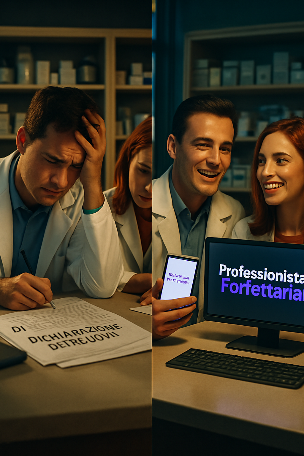 Scrivania con un computer, una calcolatrice e simboli farmaceutici, per rappresentare la gestione finanziaria di un farmacista